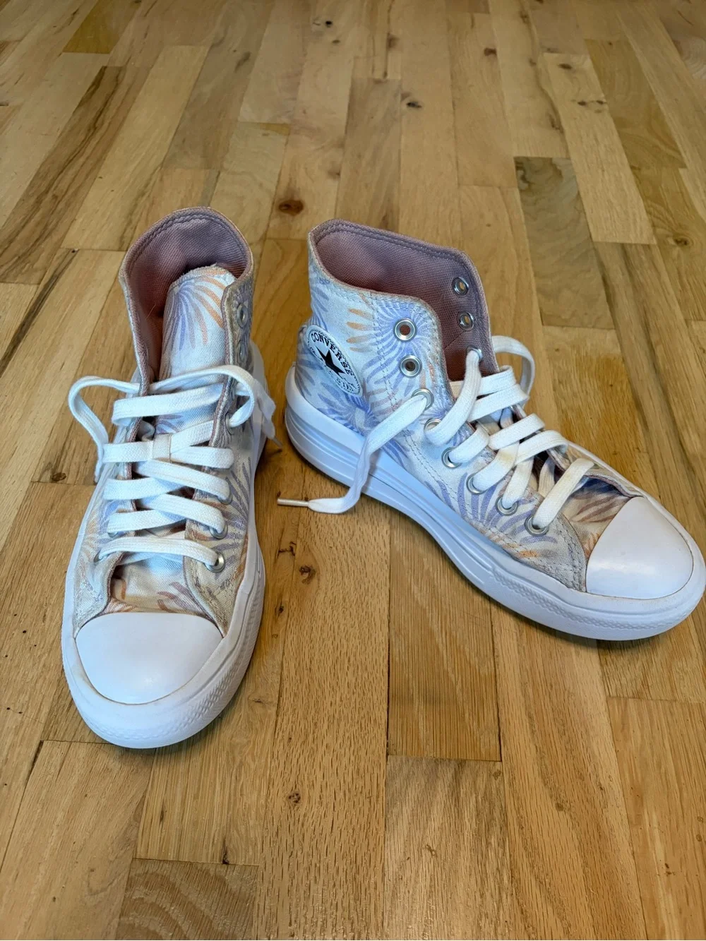 Converse High-Top Sneakers in Pale Pink and White with Subtle Floral Print